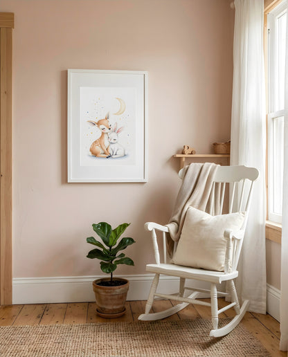 Nursery Woodland Deer Bunny Soft Watercolor Minimal Printable Wall Art — displayed in a styled nursery room corner