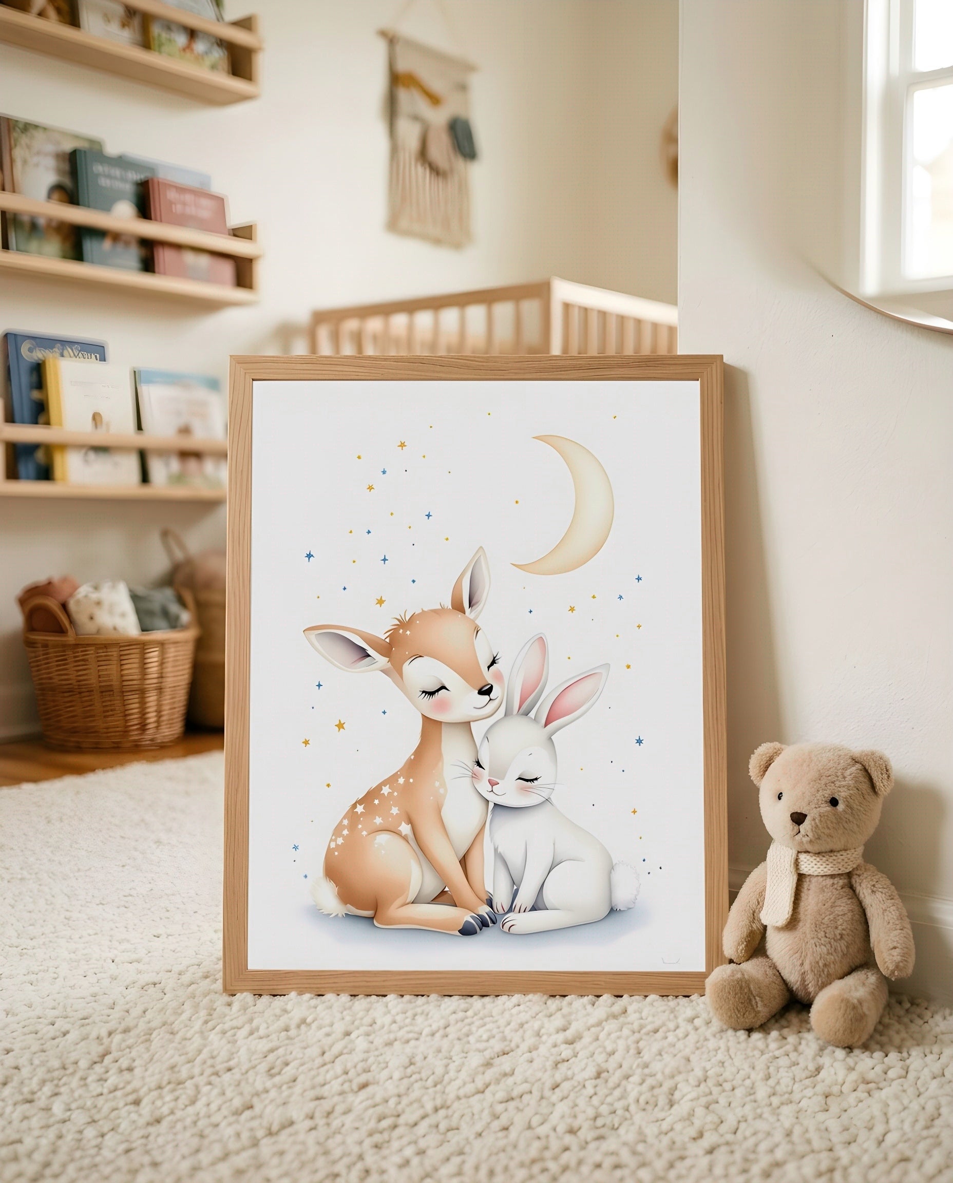 Nursery Woodland Deer Bunny Soft Watercolor Minimal Printable Wall Art — leaning against a wall in a minimal clean setting