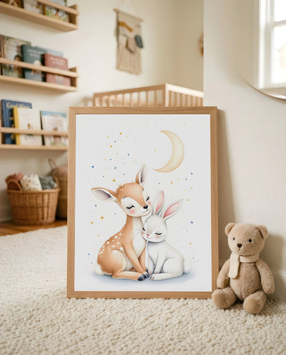 Nursery Woodland Deer Bunny Soft Watercolor Minimal Printable Wall Art — leaning against a wall in a minimal clean setting