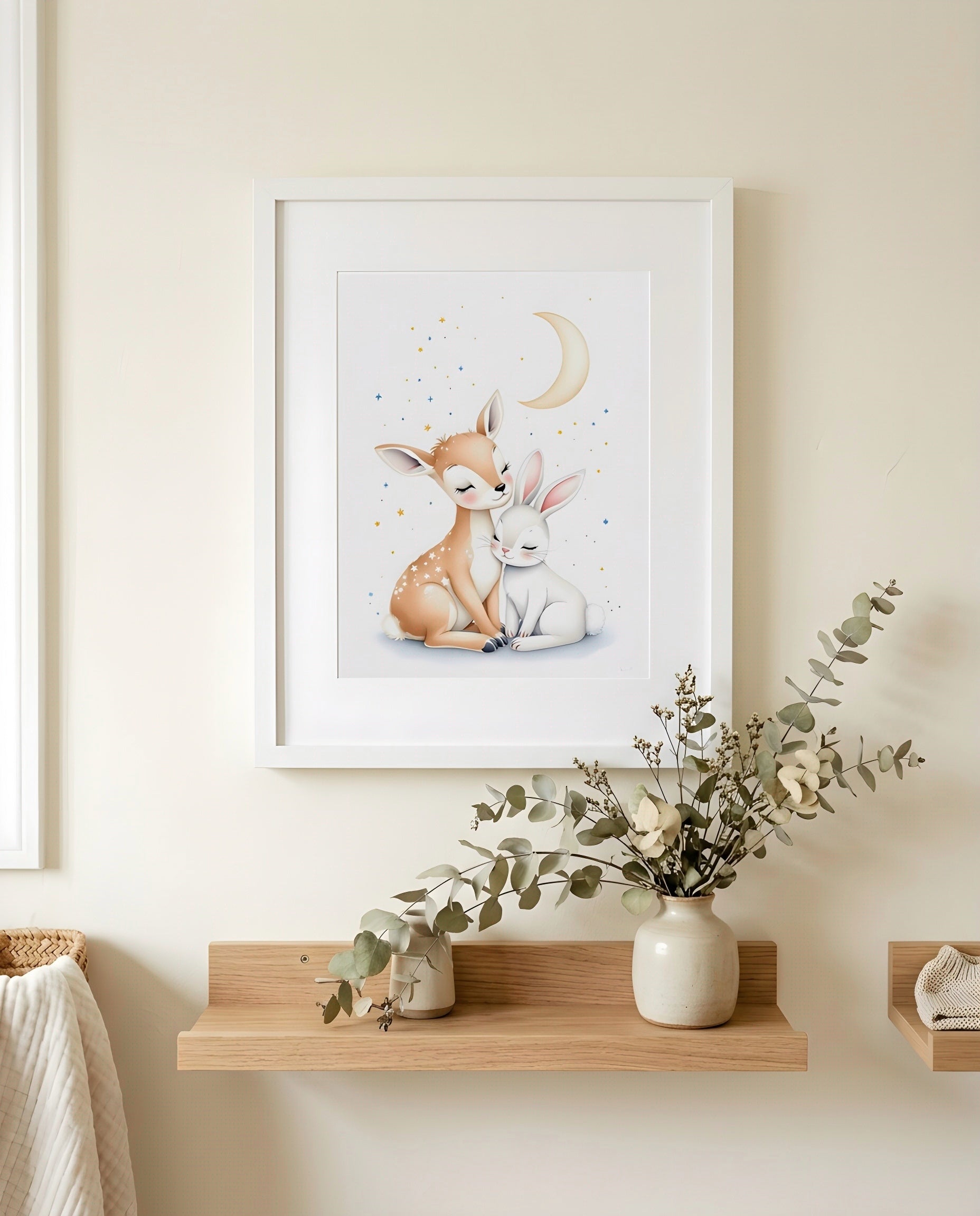 Nursery Woodland Deer Bunny Soft Watercolor Minimal Printable Wall Art — close-up on a nursery shelf alongside small ornaments