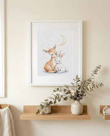 Nursery Woodland Deer Bunny Soft Watercolor Minimal Printable Wall Art — close-up on a nursery shelf alongside small ornaments