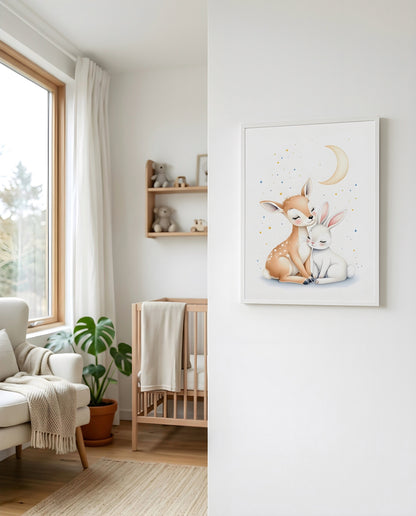 Nursery Woodland Deer Bunny Soft Watercolor Minimal Printable Wall Art — displayed beside a window in warm natural light