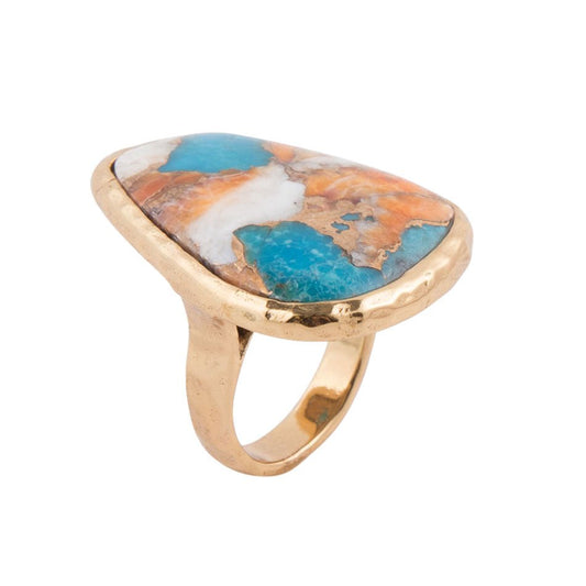 Anello astratto dorato con ostrica spinosa arancione e matrice turchese blu