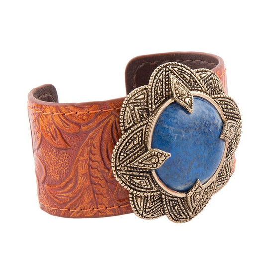 Bracciale polsino in pelle dorata con lapislazzuli blu ornato