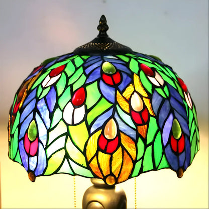 Antik Tiffany-lampa Påfågel | Glas Bordslampa