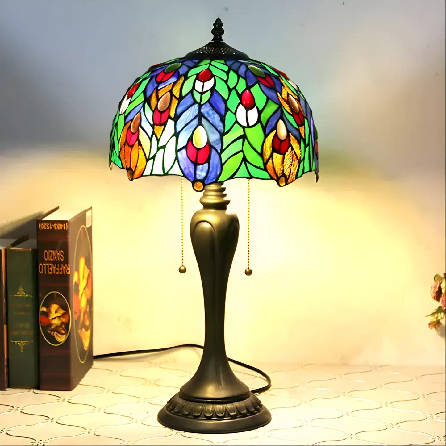 Antik Tiffany-lampa Påfågel | Glas Bordslampa