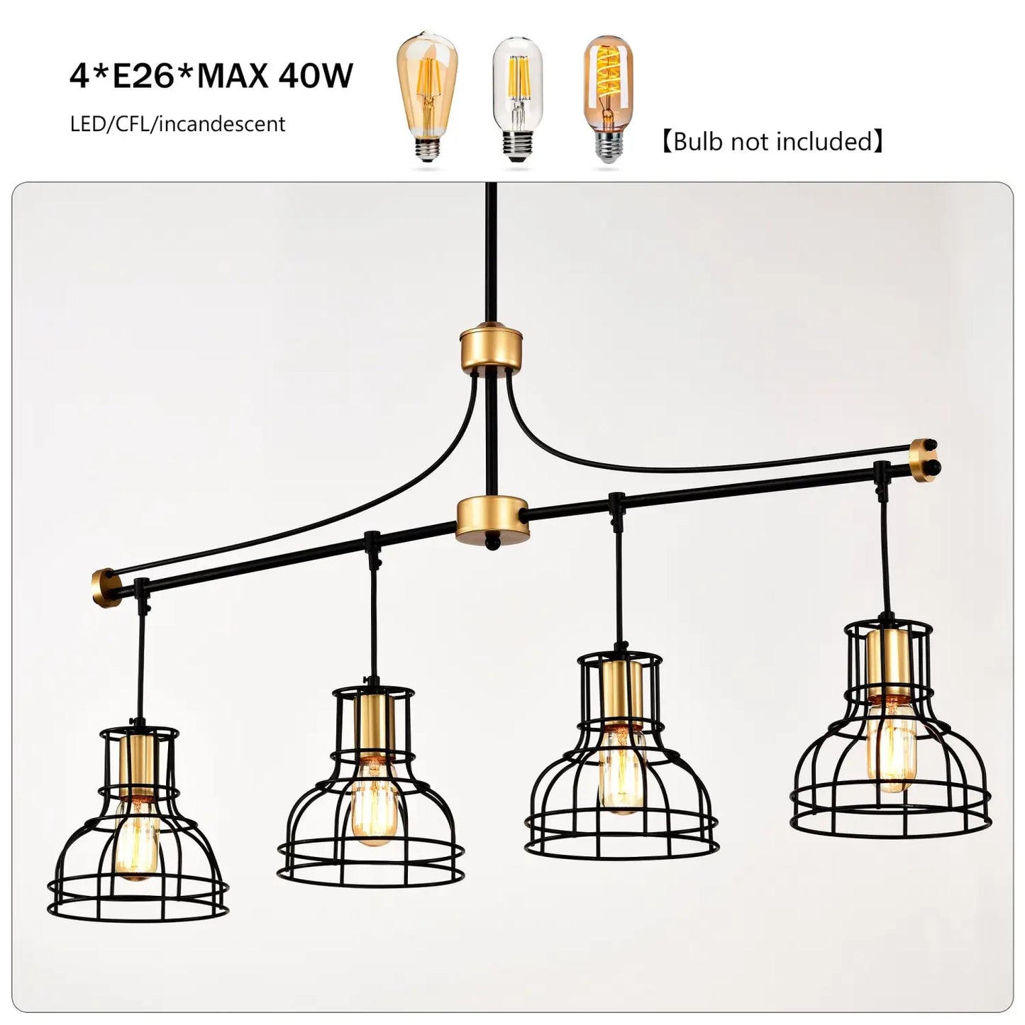 Hängande lampa vintage 40" matt svart & guld ljuskrona för vardagsrum