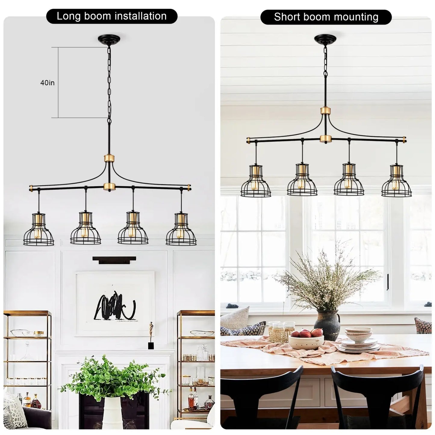 Hängande lampa vintage 40" matt svart & guld ljuskrona för vardagsrum