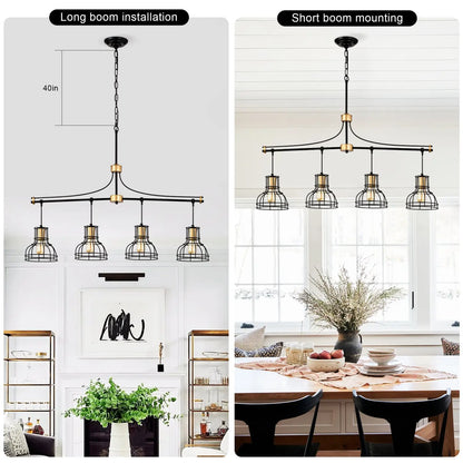 Hängande lampa vintage 40" matt svart & guld ljuskrona för vardagsrum