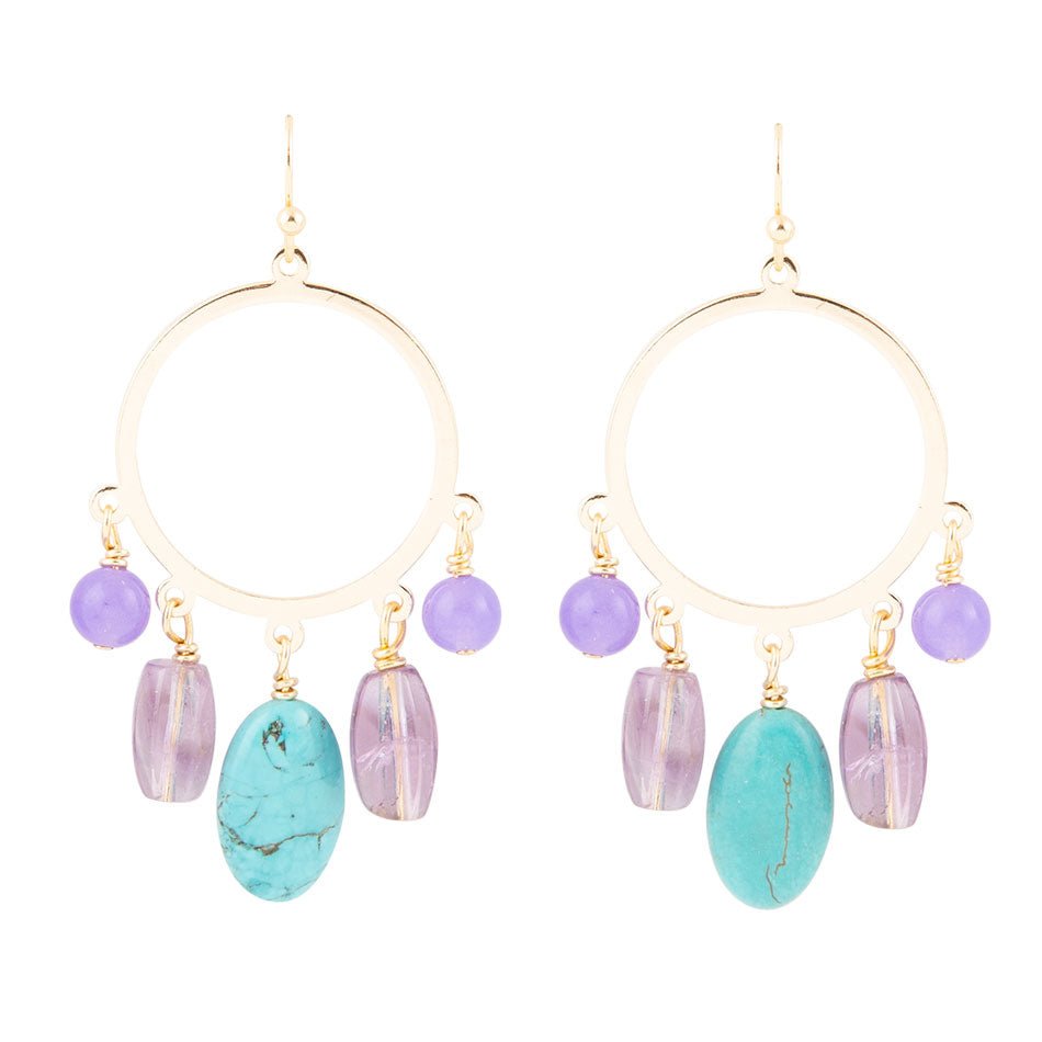 Orecchini a chandelier dorati con ametista pervinca viola e magnesite blu