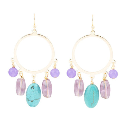 Orecchini a chandelier dorati con ametista pervinca viola e magnesite blu