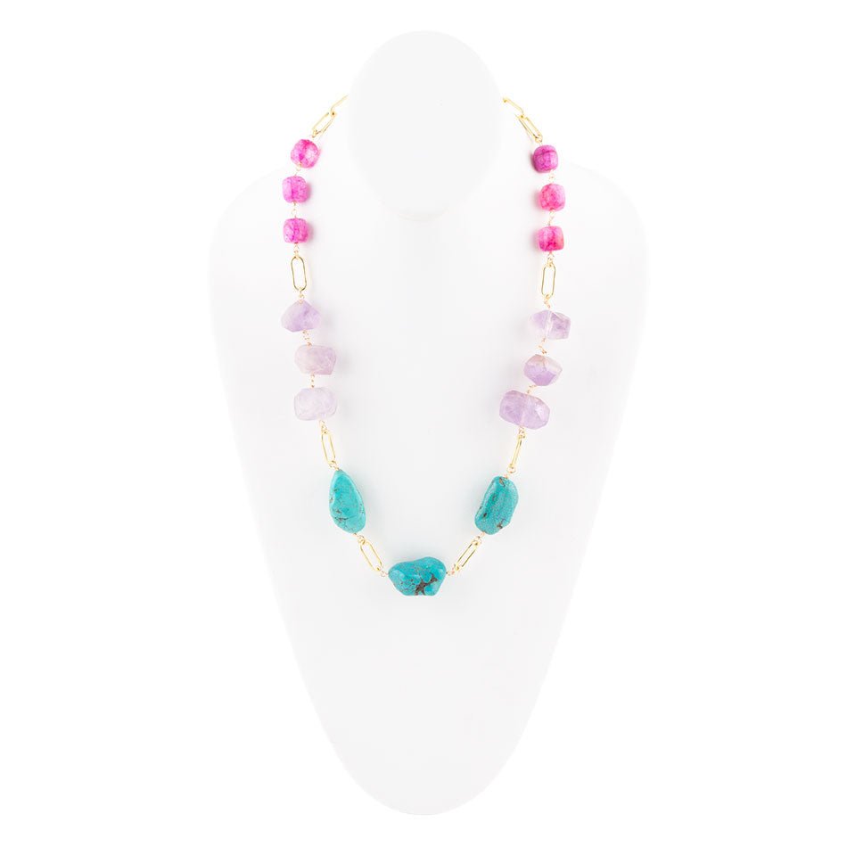 Collana lunga dorata con ametista pervinca viola e turchese blu