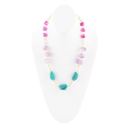 Collana lunga dorata con ametista pervinca viola e turchese blu