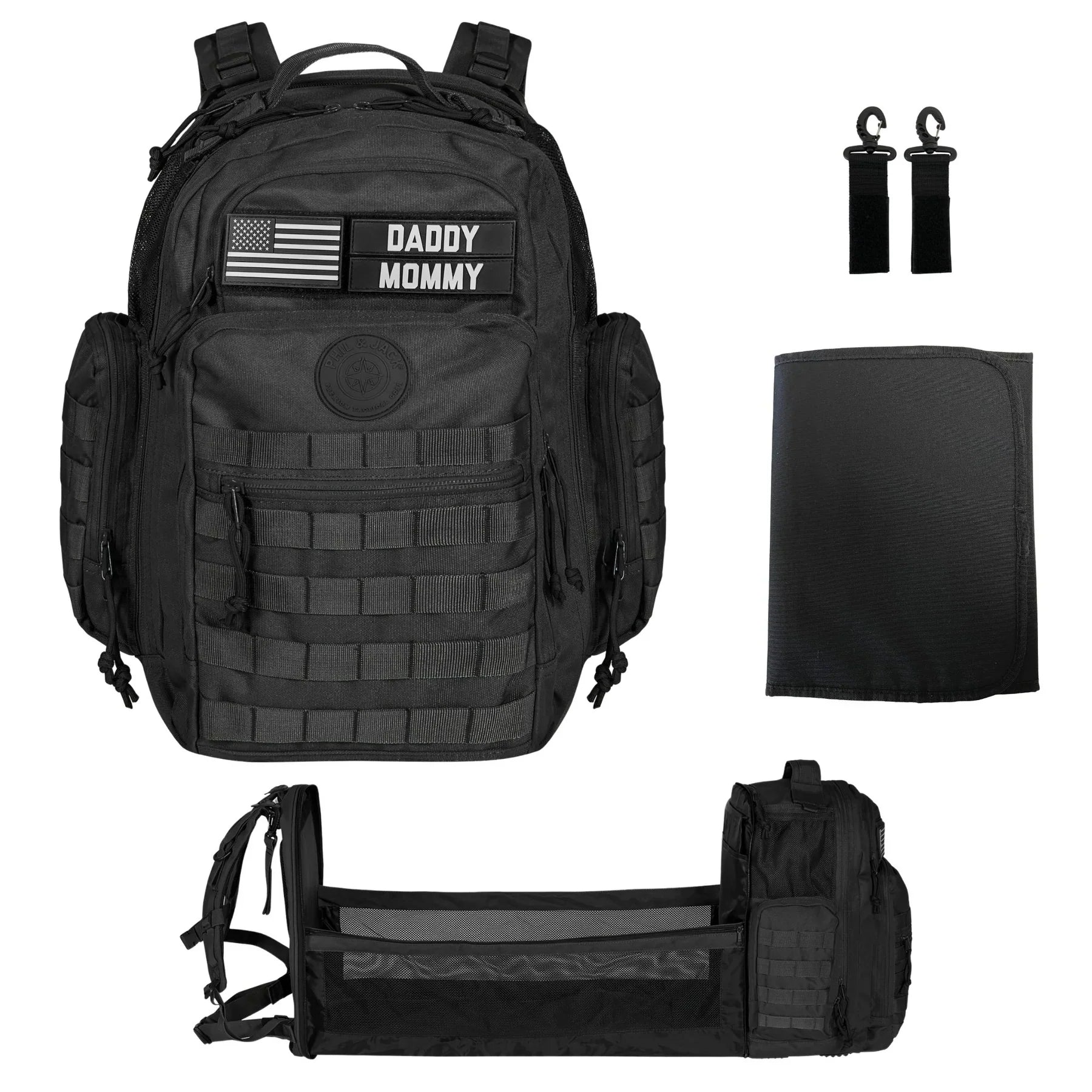 Phil & Jack Papa Wickeltasche Rucksack, Baby Wickeltasche mit Wickelstation, Taktischer Militärstil, Wickeltasche für Frauen und Männer (Schwarz)