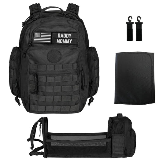 Mochila de Fraldas Phil & Jack para Pais, Mala de Fraldas para Bebé com Estação de Troca, Estilo Militar Tático, Mala de Fraldas para Mulheres e Homens (Preto)