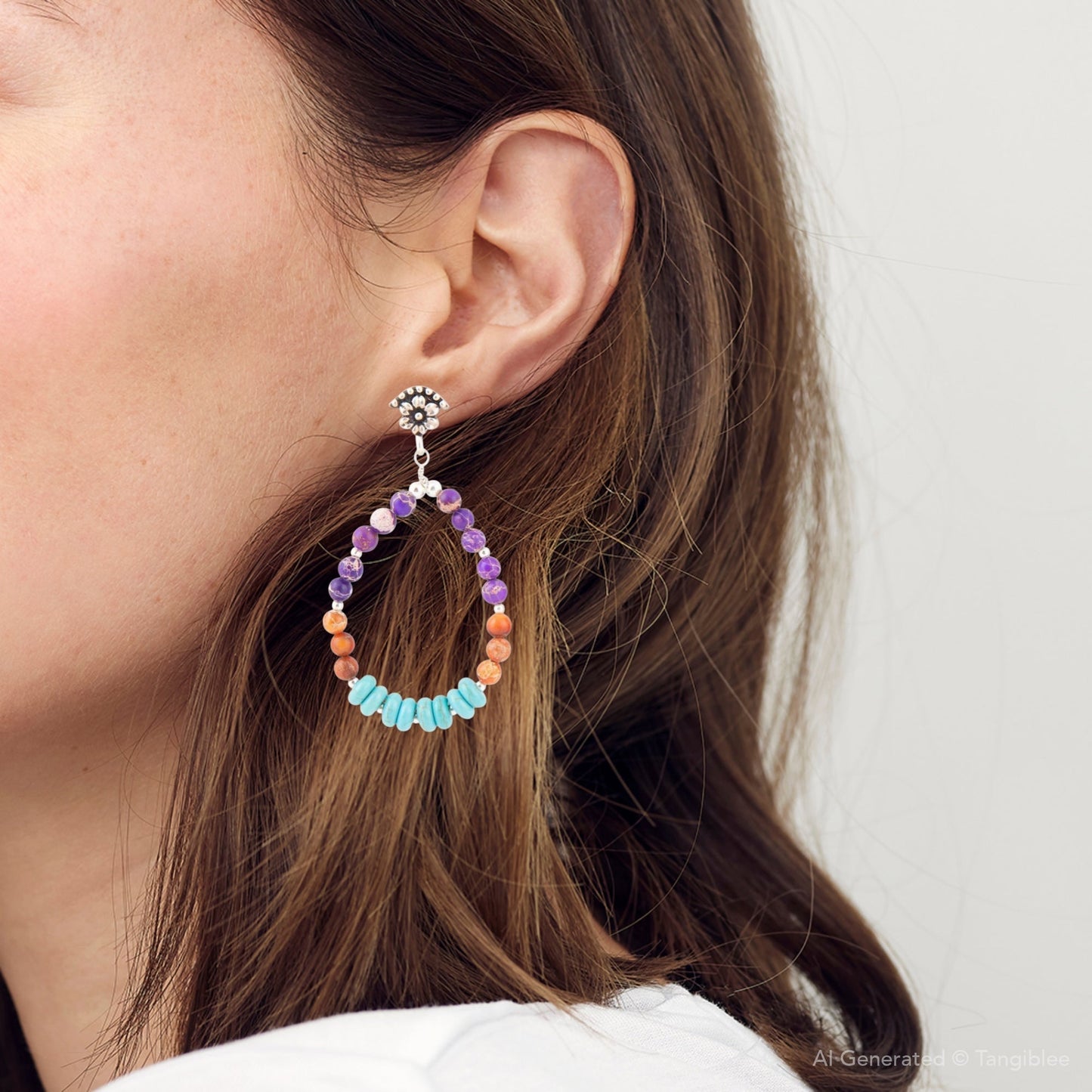Orecchini a goccia in argento sterling con turchese Prescott blu, viola e arancione