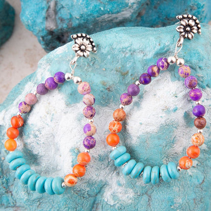 Orecchini a goccia in argento sterling con turchese Prescott blu, viola e arancione
