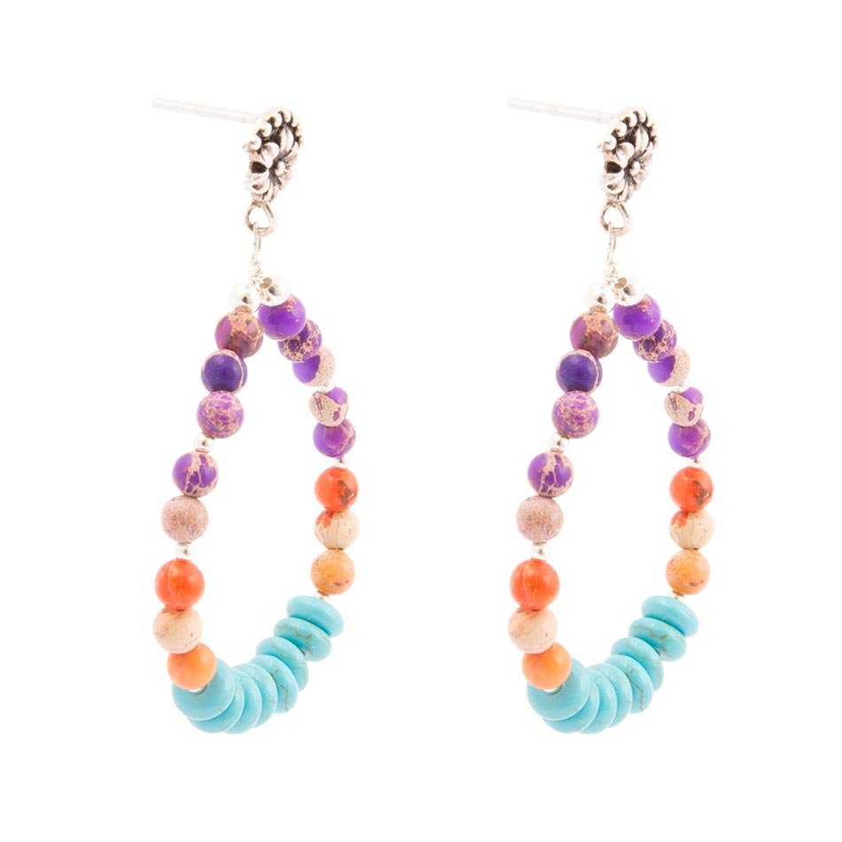 Orecchini a goccia in argento sterling con turchese Prescott blu, viola e arancione