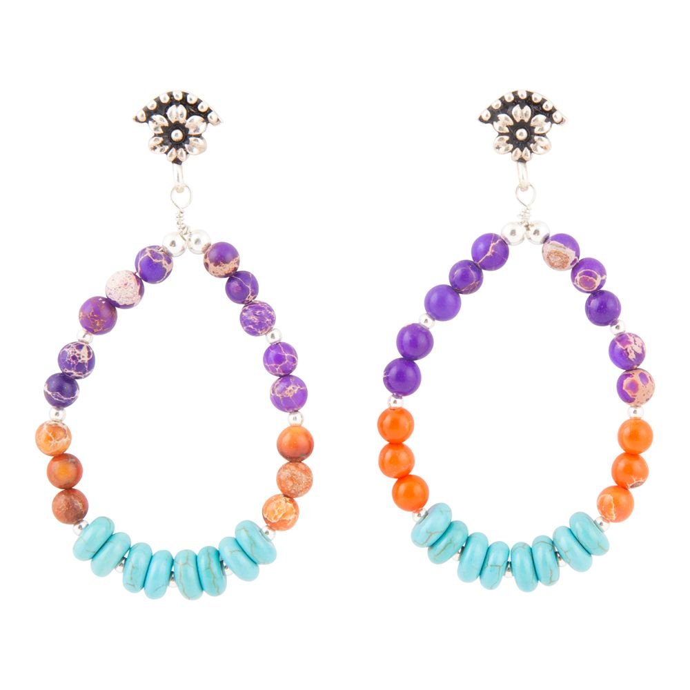 Orecchini a goccia in argento sterling con turchese Prescott blu, viola e arancione