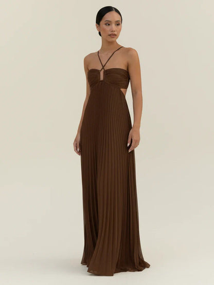 Elegant Pleated Maxi Dress | Halter Neck Backless Gown - View 1