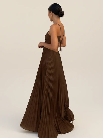 Elegant Pleated Maxi Dress | Halter Neck Backless Gown - View 2
