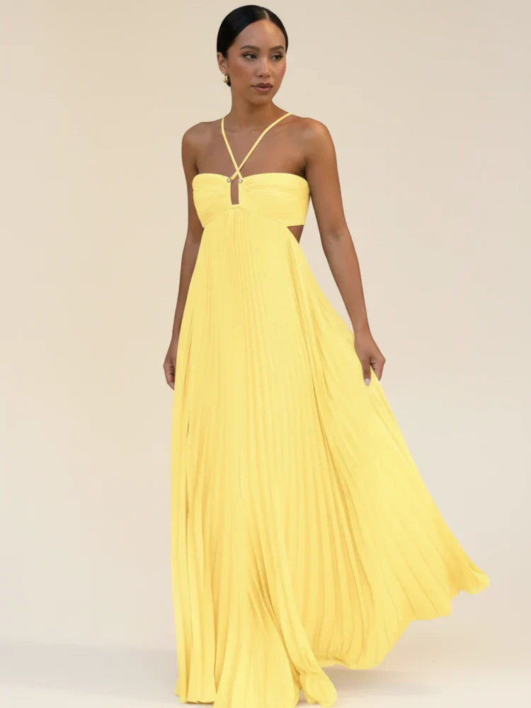 Elegant Pleated Maxi Dress | Halter Neck Backless Gown - View 3