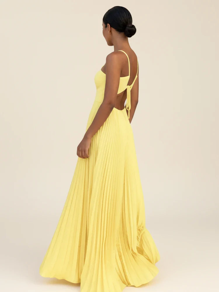 Elegant Pleated Maxi Dress | Halter Neck Backless Gown - View 4