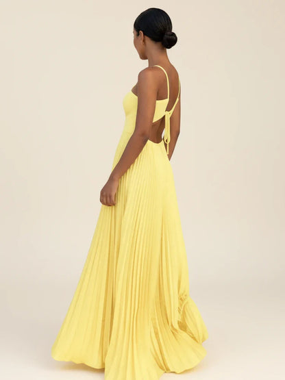 Elegant Pleated Maxi Dress | Halter Neck Backless Gown - View 4