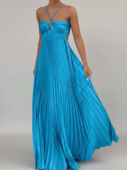 Elegant Pleated Maxi Dress | Halter Neck Backless Gown - View 5