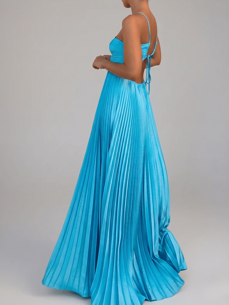 Elegant Pleated Maxi Dress | Halter Neck Backless Gown - View 6