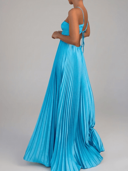 Elegant Pleated Maxi Dress | Halter Neck Backless Gown - View 6