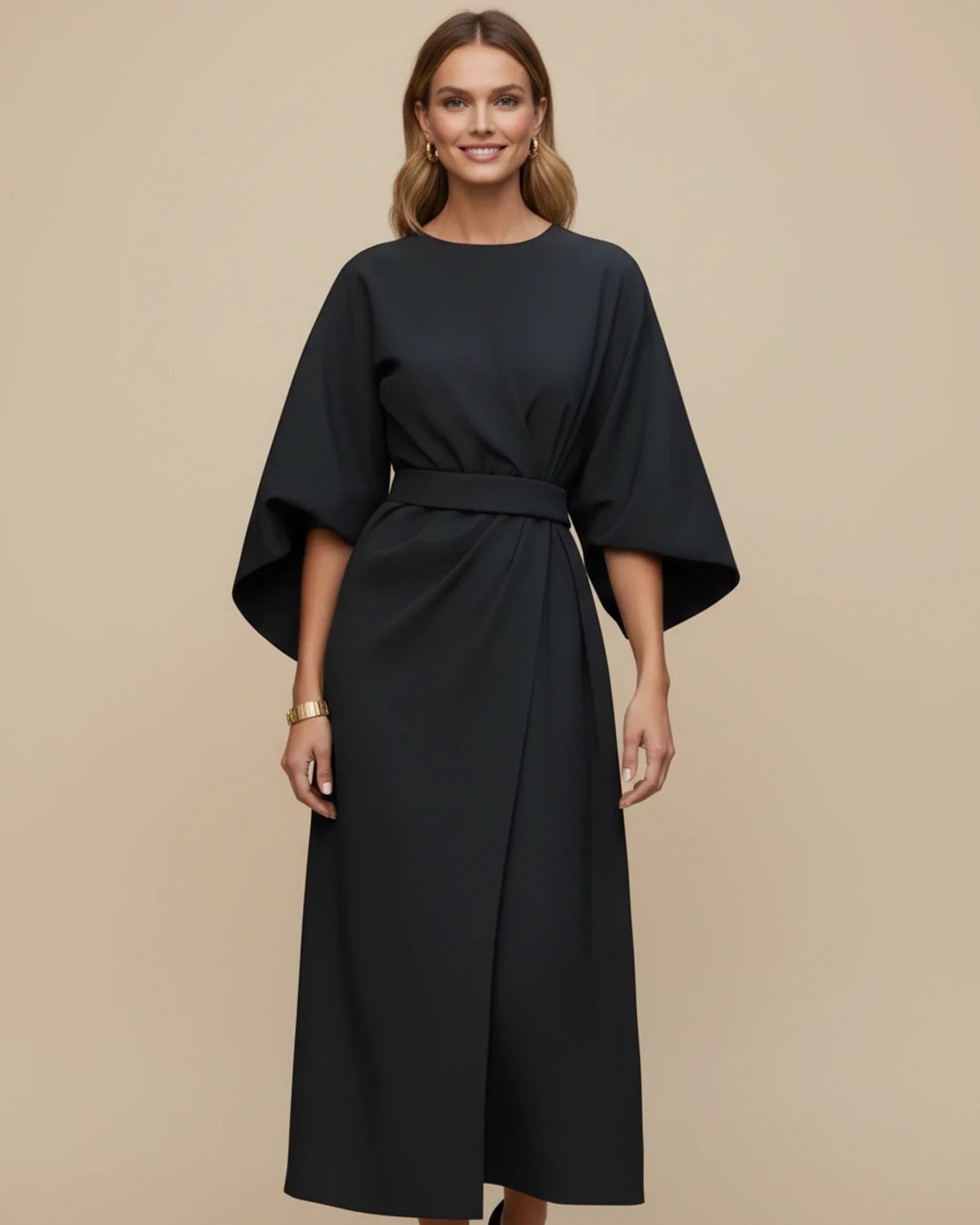 Black Wrap Midi Dress | Elegant Balloon Sleeve Cocktail Dress - View 1
