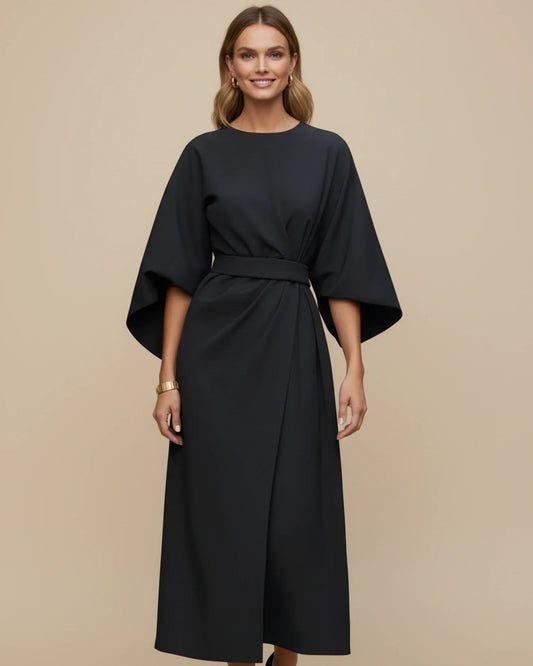 Black Wrap Midi Dress | Elegant Balloon Sleeve Cocktail Dress - View 1