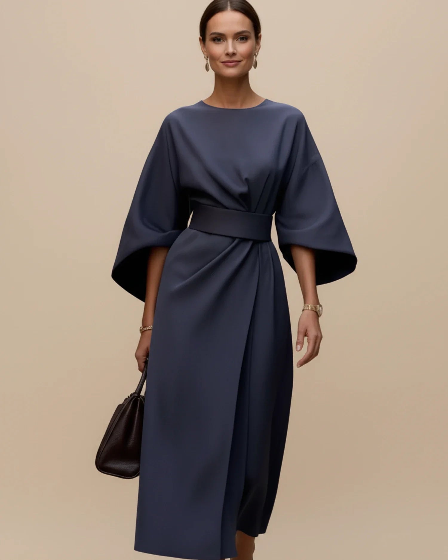 Black Wrap Midi Dress | Elegant Balloon Sleeve Cocktail Dress - View 3