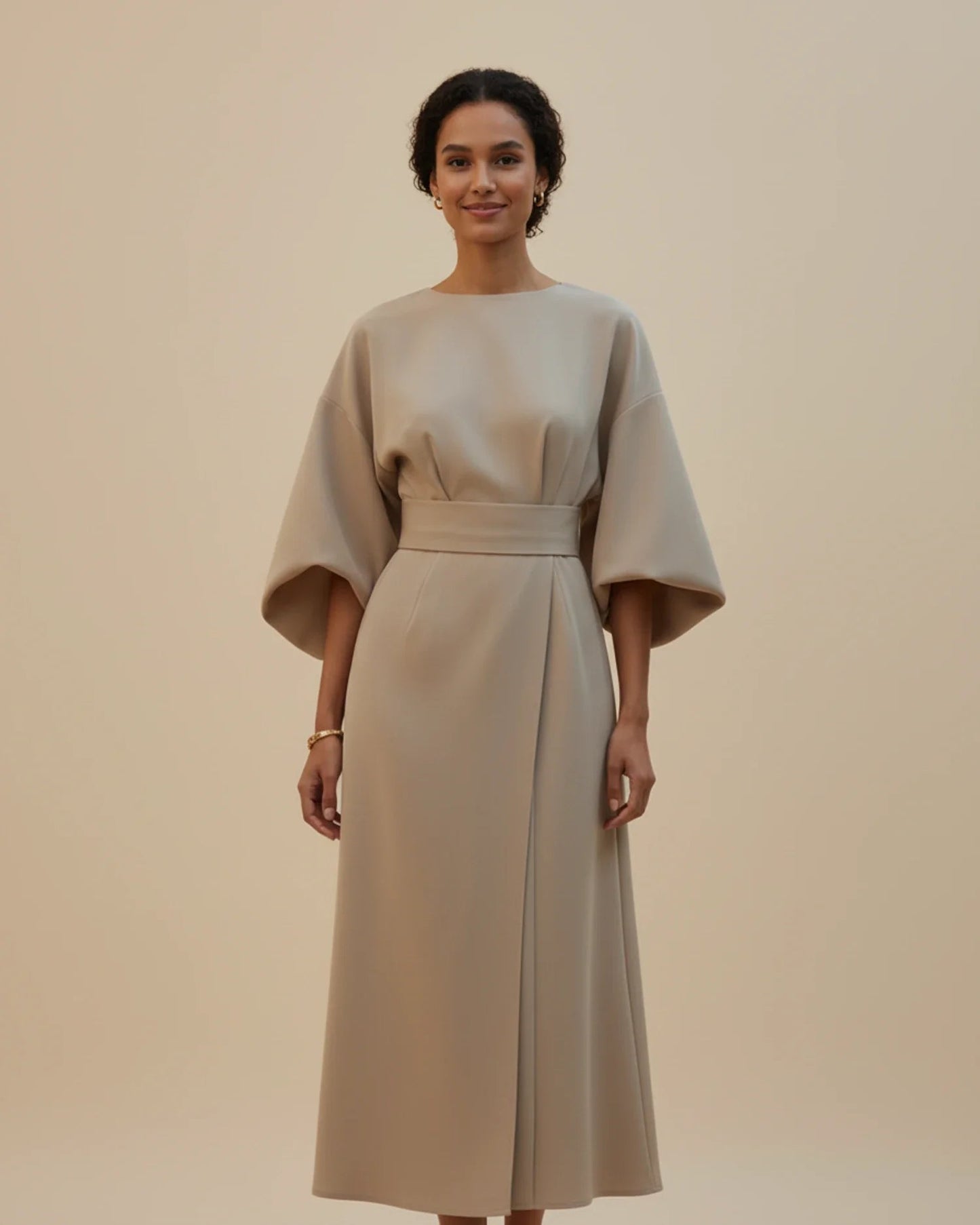 Black Wrap Midi Dress | Elegant Balloon Sleeve Cocktail Dress - View 4