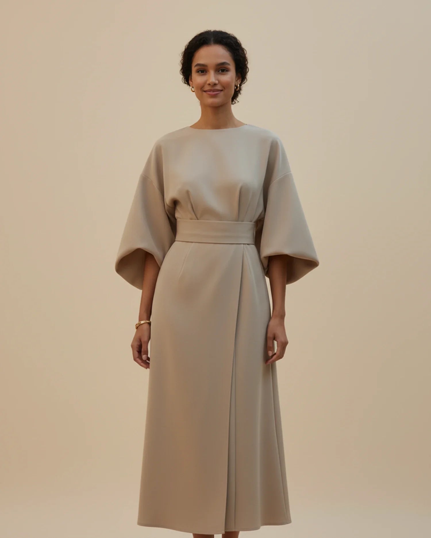 Black Wrap Midi Dress | Elegant Balloon Sleeve Cocktail Dress - View 4