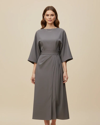 Black Wrap Midi Dress | Elegant Balloon Sleeve Cocktail Dress - View 5