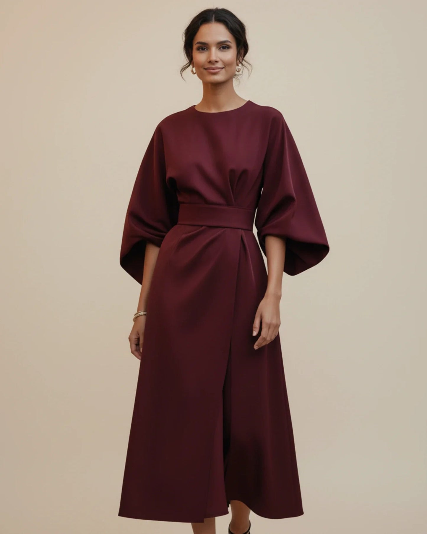 Black Wrap Midi Dress | Elegant Balloon Sleeve Cocktail Dress - View 7