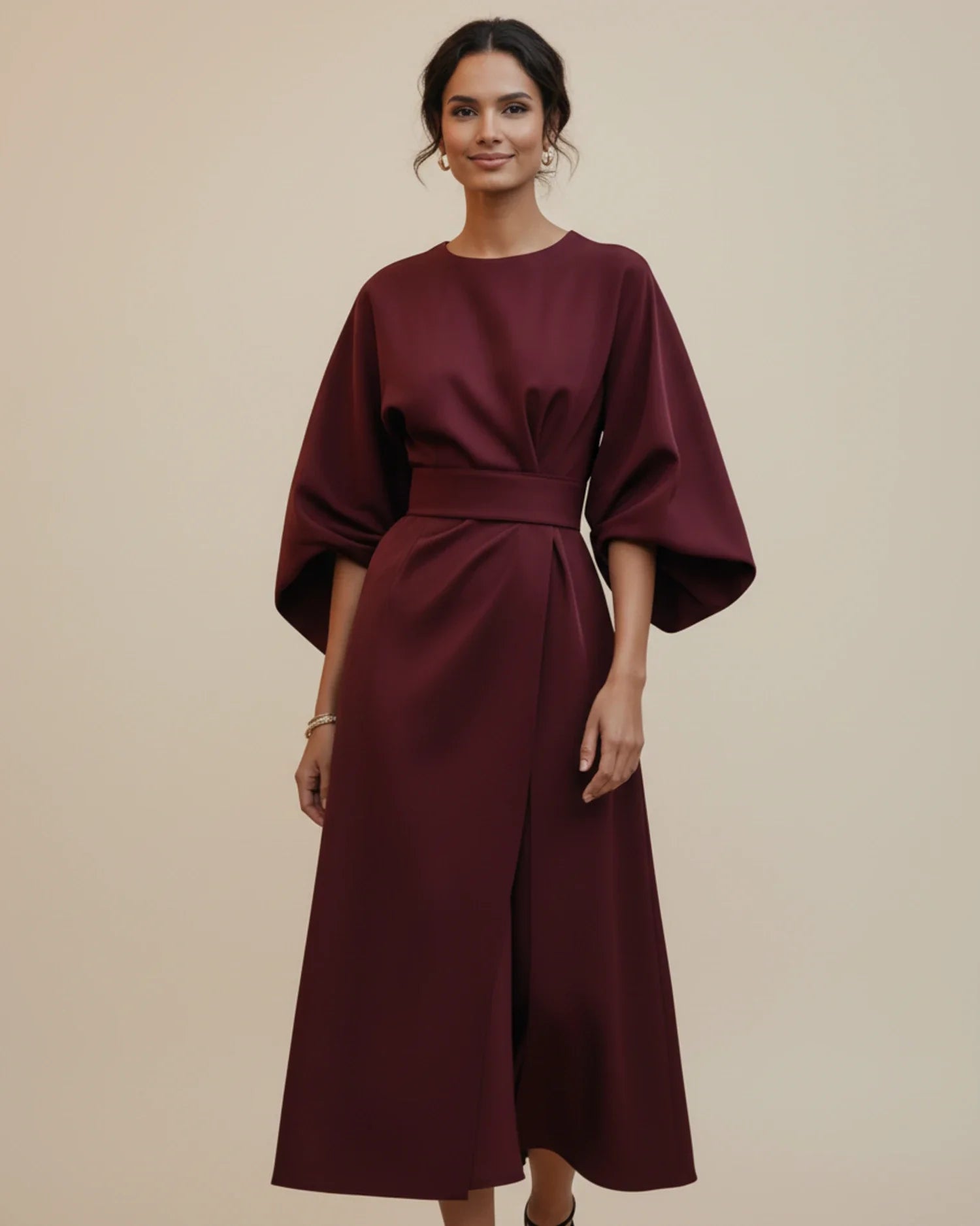 Black Wrap Midi Dress | Elegant Balloon Sleeve Cocktail Dress - View 7