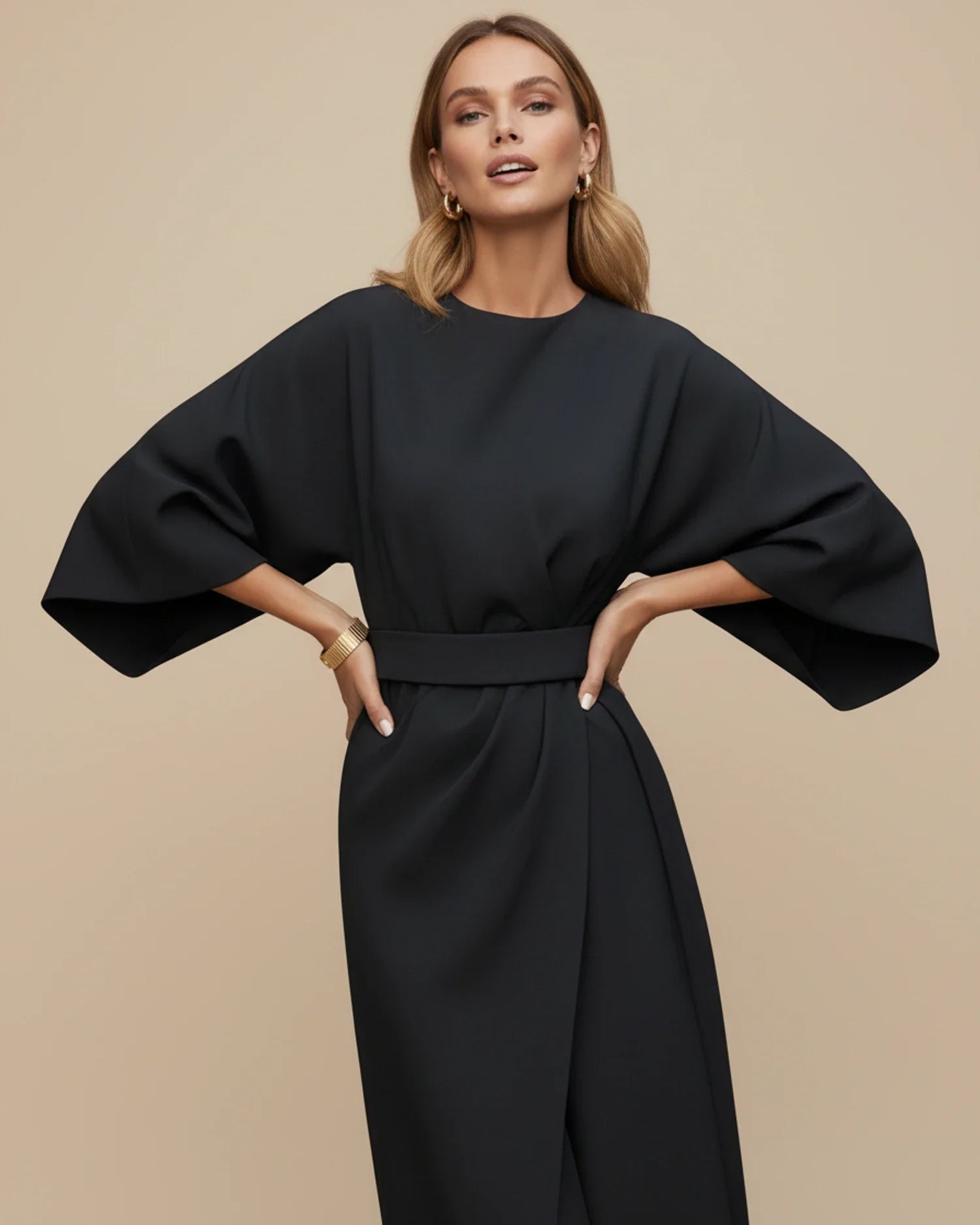 Black Wrap Midi Dress | Elegant Balloon Sleeve Cocktail Dress - View 8