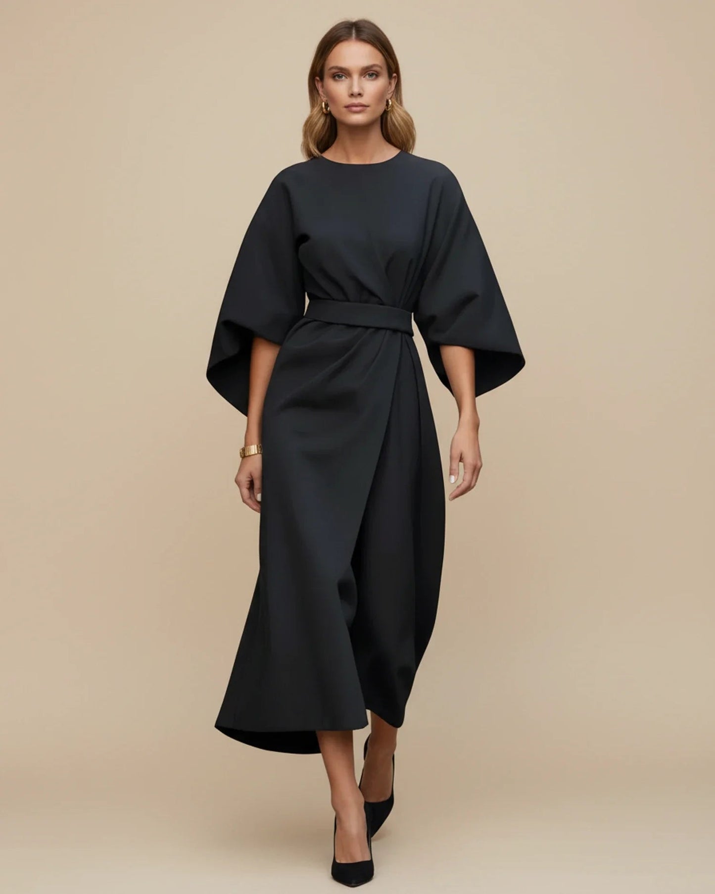 Black Wrap Midi Dress | Elegant Balloon Sleeve Cocktail Dress - View 9