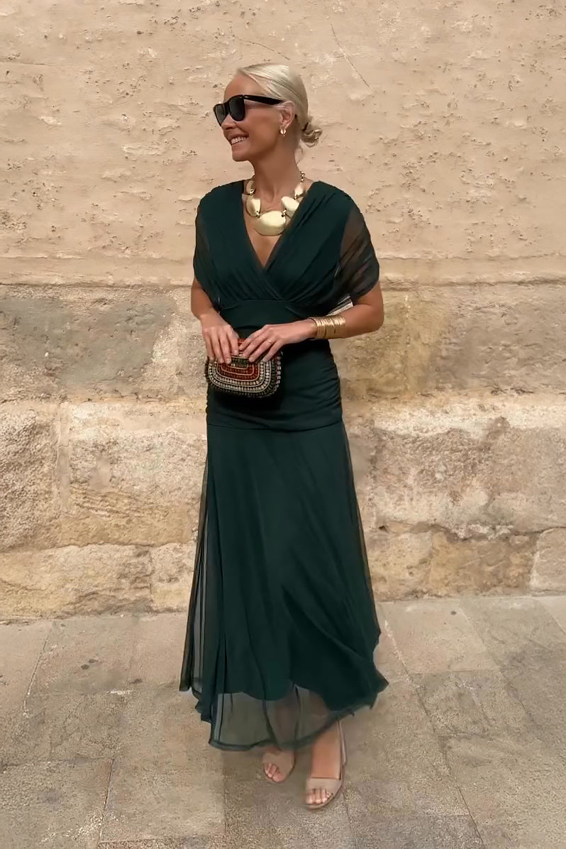 Women's V-Neck Maxi Dress | Elegant Cape Sleeve Gown - View 1