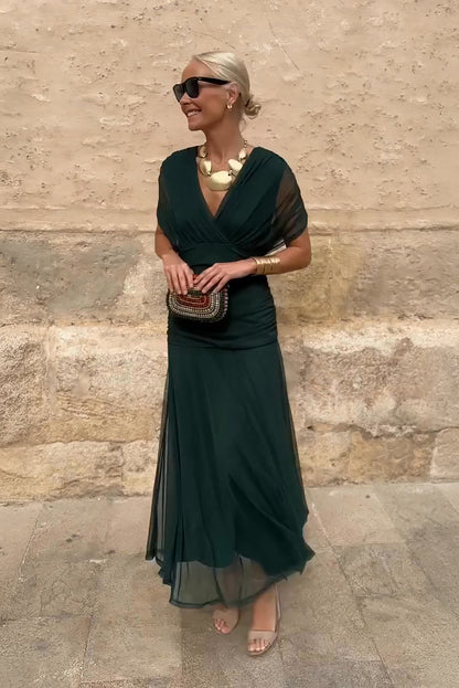 Women's V-Neck Maxi Dress | Elegant Cape Sleeve Gown - View 1