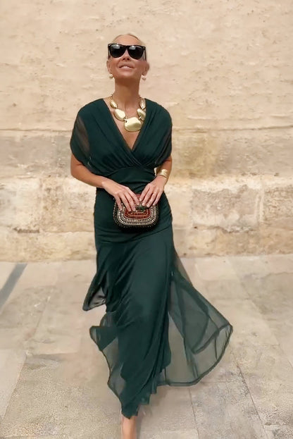 Women's V-Neck Maxi Dress | Elegant Cape Sleeve Gown - View 2