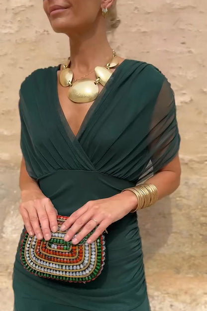 Women's V-Neck Maxi Dress | Elegant Cape Sleeve Gown - View 3