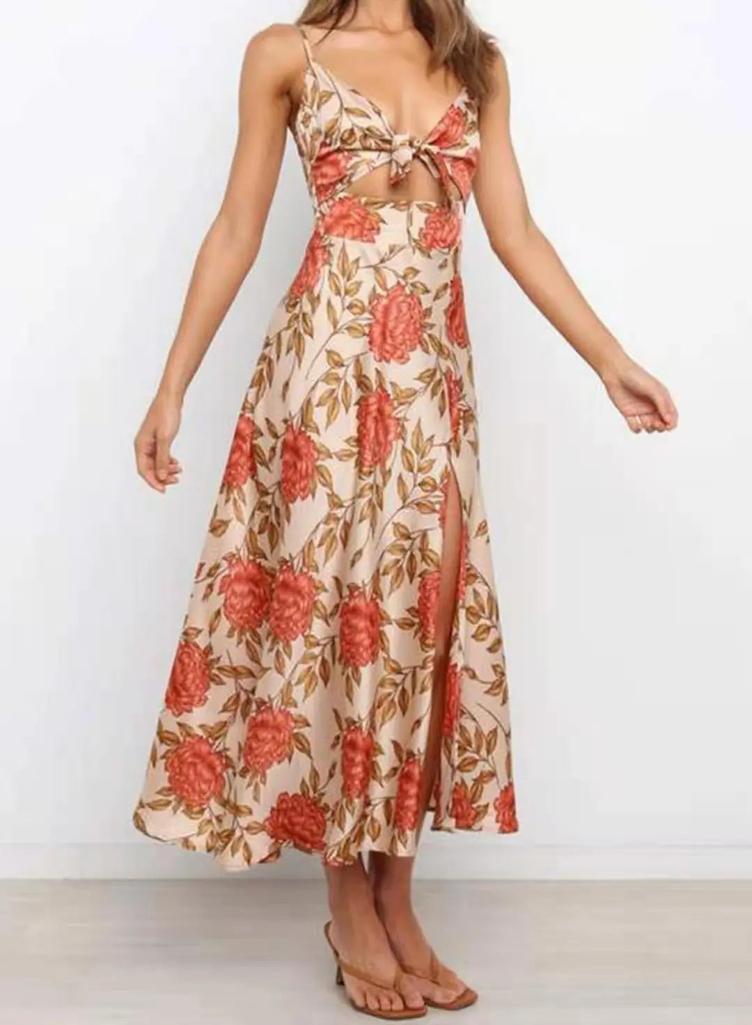 Floral Print Midi Dress | Elegant Tie-Front Design - View 3