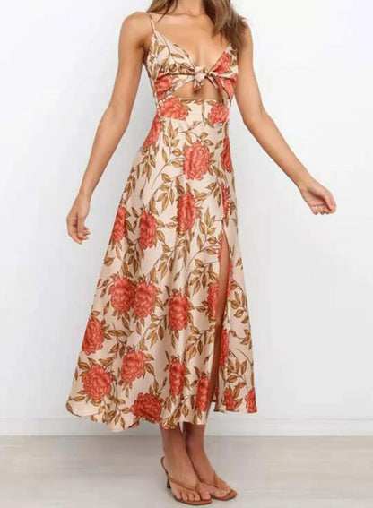 Floral Print Midi Dress | Elegant Tie-Front Design - View 3