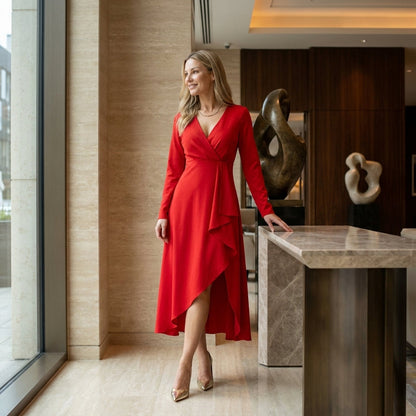 Asymmetric Midi Dress | Elegant V-Neck Empire Waist Style - View 1