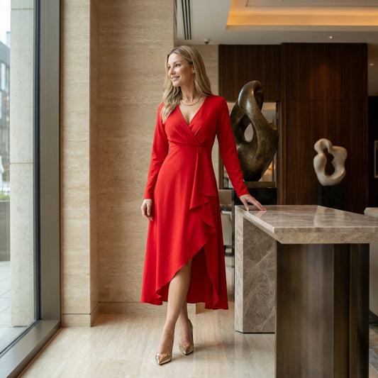 Asymmetric Midi Dress | Elegant V-Neck Empire Waist Style - View 1