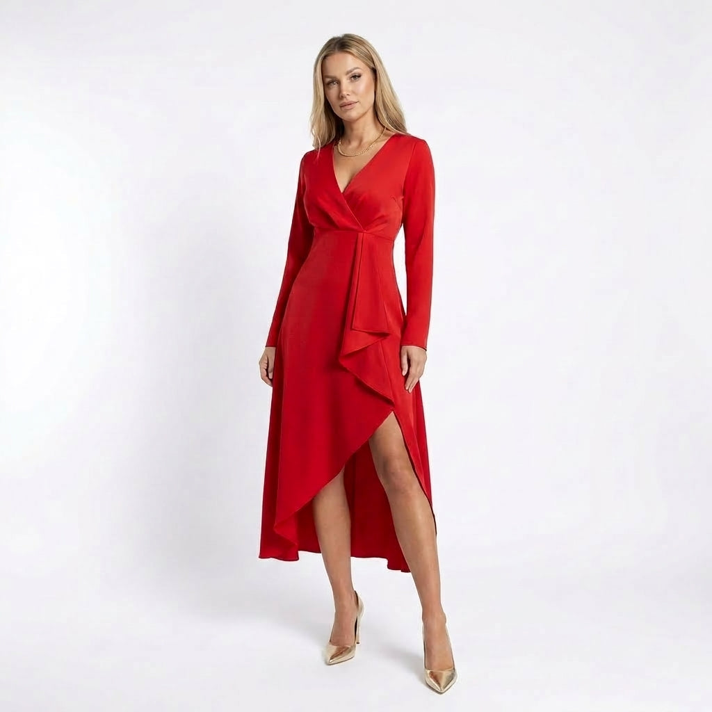 Asymmetric Midi Dress | Elegant V-Neck Empire Waist Style - View 3